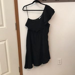 Likely black delbarton dress, one shoulder, zipper, ruffle, size 8